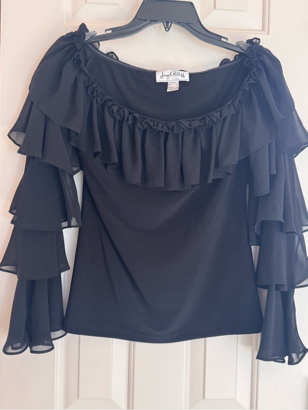 Joseph Ribkoff Black Off-Shoulder Ruffle Sleeve Top